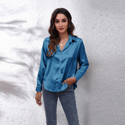 Damen Satinbluse Locker Geschnitten Sommer Bürobluse - Norvielle