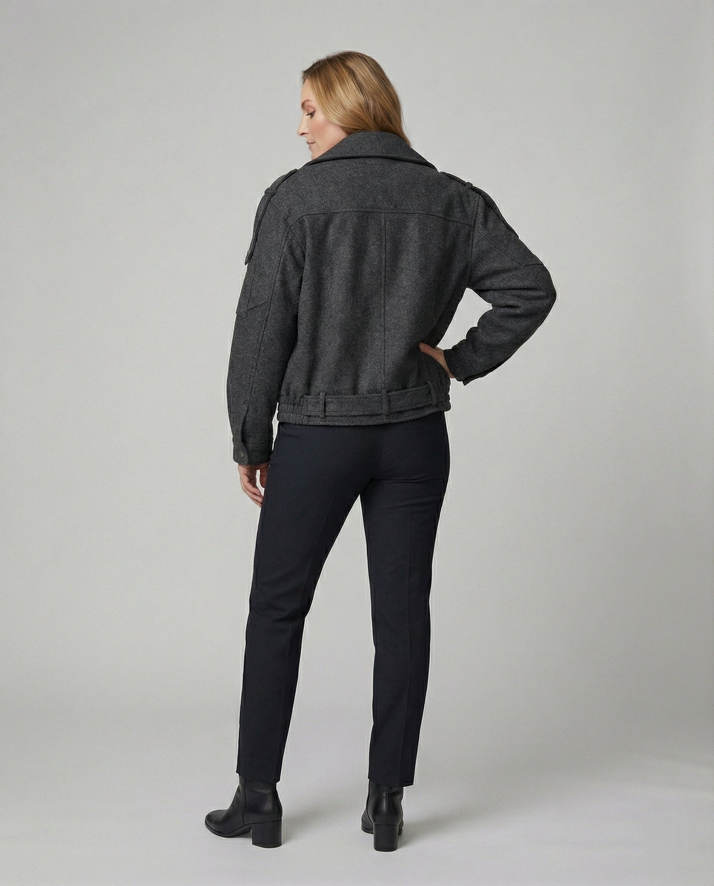 Damen Lederbikerjacke Großes Revers Mit Taillengürtel