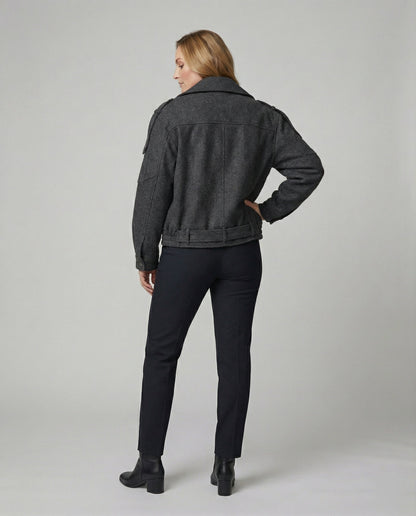 Damen Lederbikerjacke Großes Revers Mit Taillengürtel