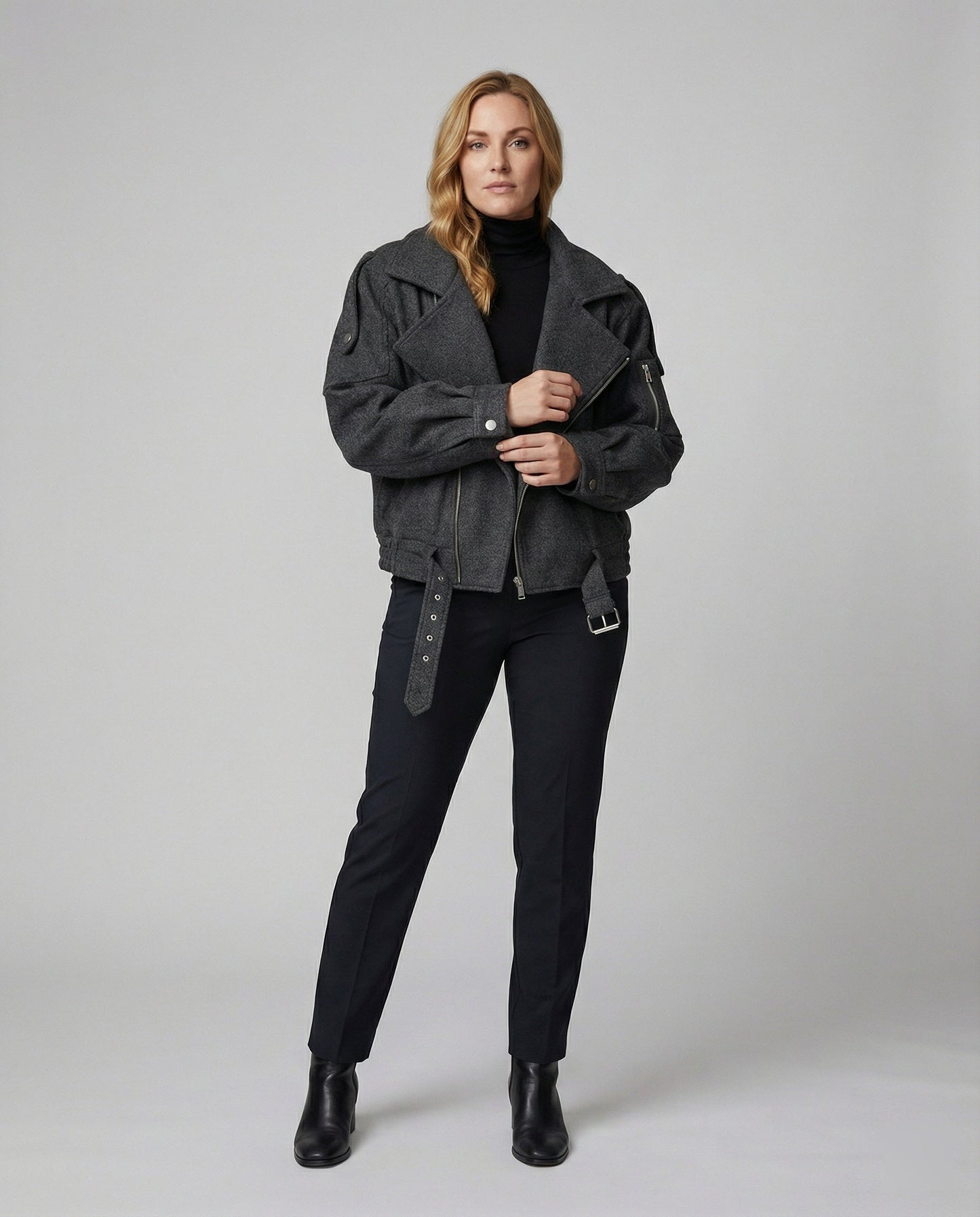Damen Lederbikerjacke Großes Revers Mit Taillengürtel - Norvielle
