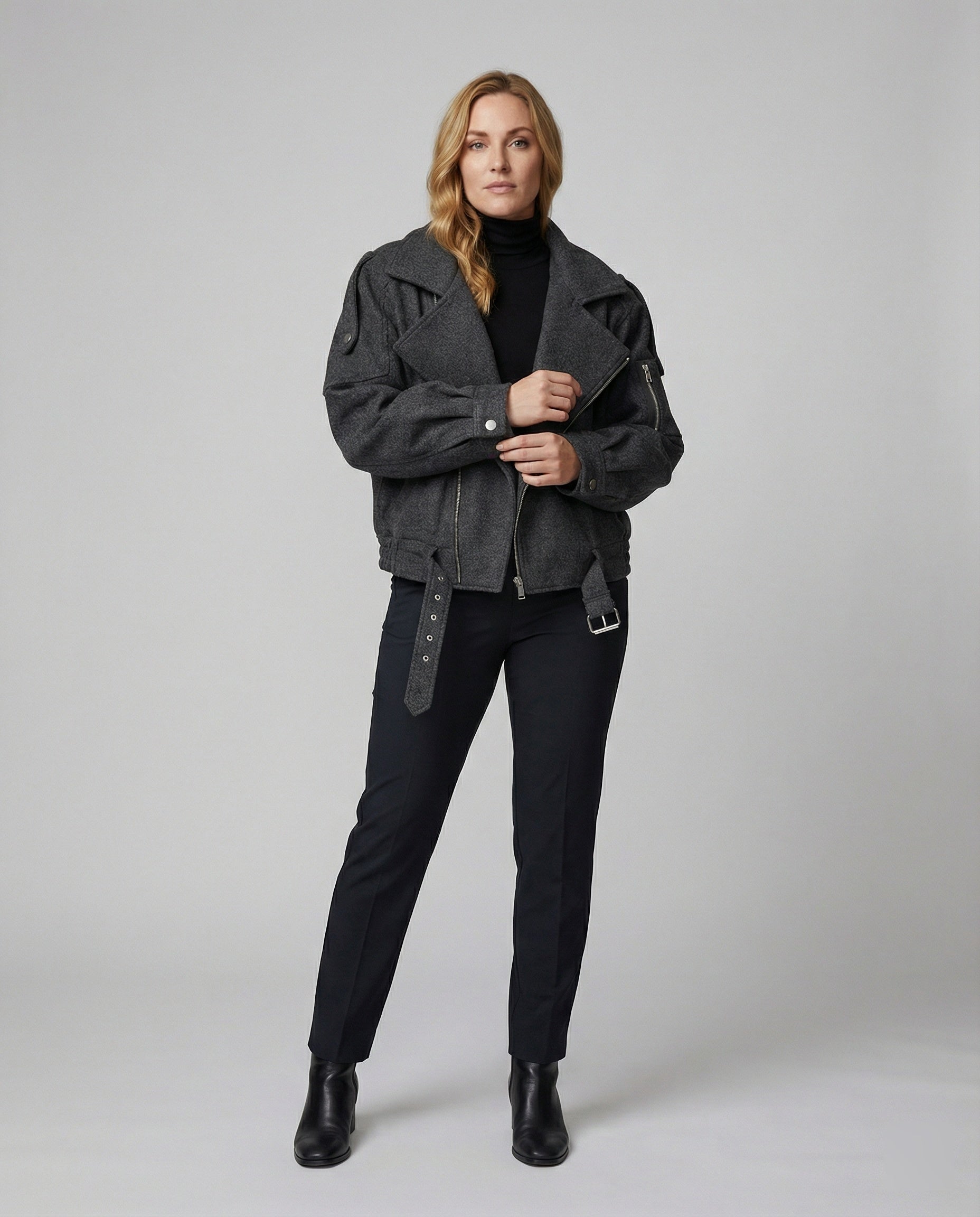 Damen Lederbikerjacke Großes Revers Mit Taillengürtel - Norvielle