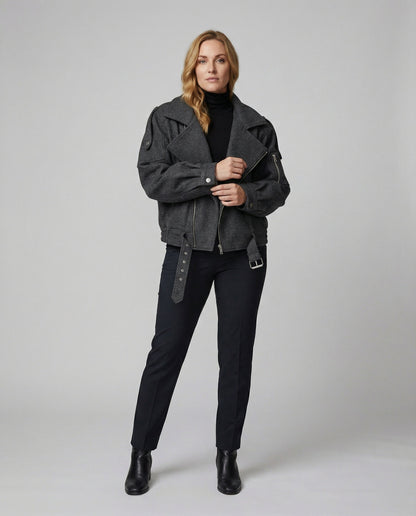 Damen Lederbikerjacke Großes Revers Mit Taillengürtel - Norvielle