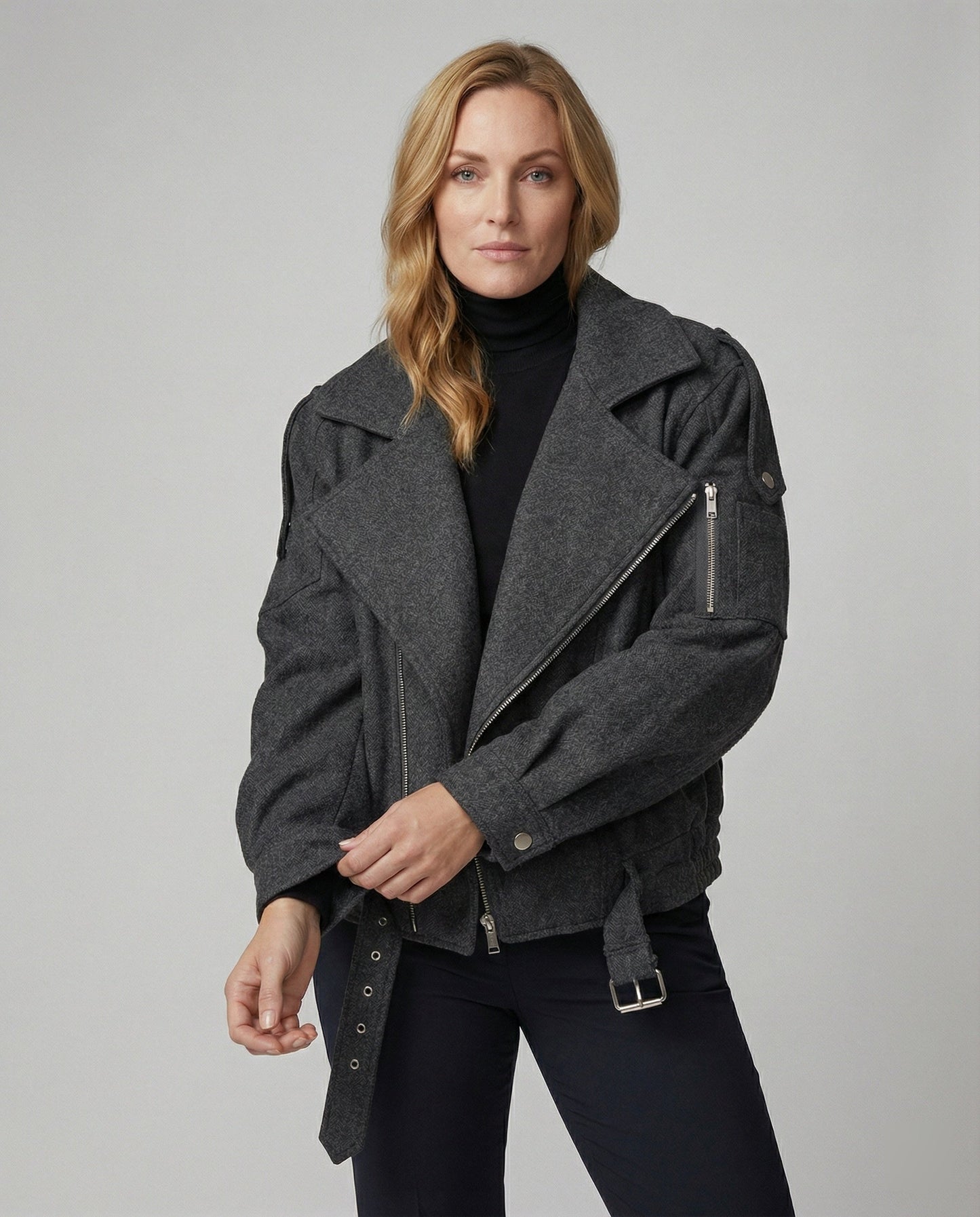 Damen Lederbikerjacke Großes Revers Mit Taillengürtel