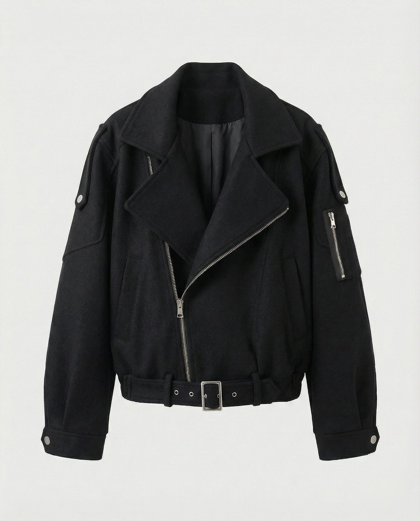 Damen Lederbikerjacke Großes Revers Mit Taillengürtel