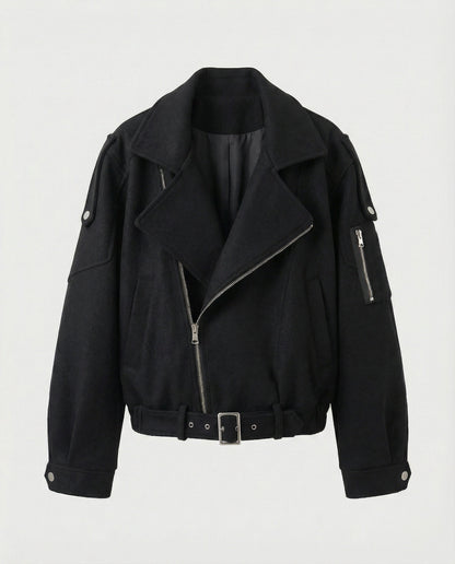 Damen Lederbikerjacke Großes Revers Mit Taillengürtel