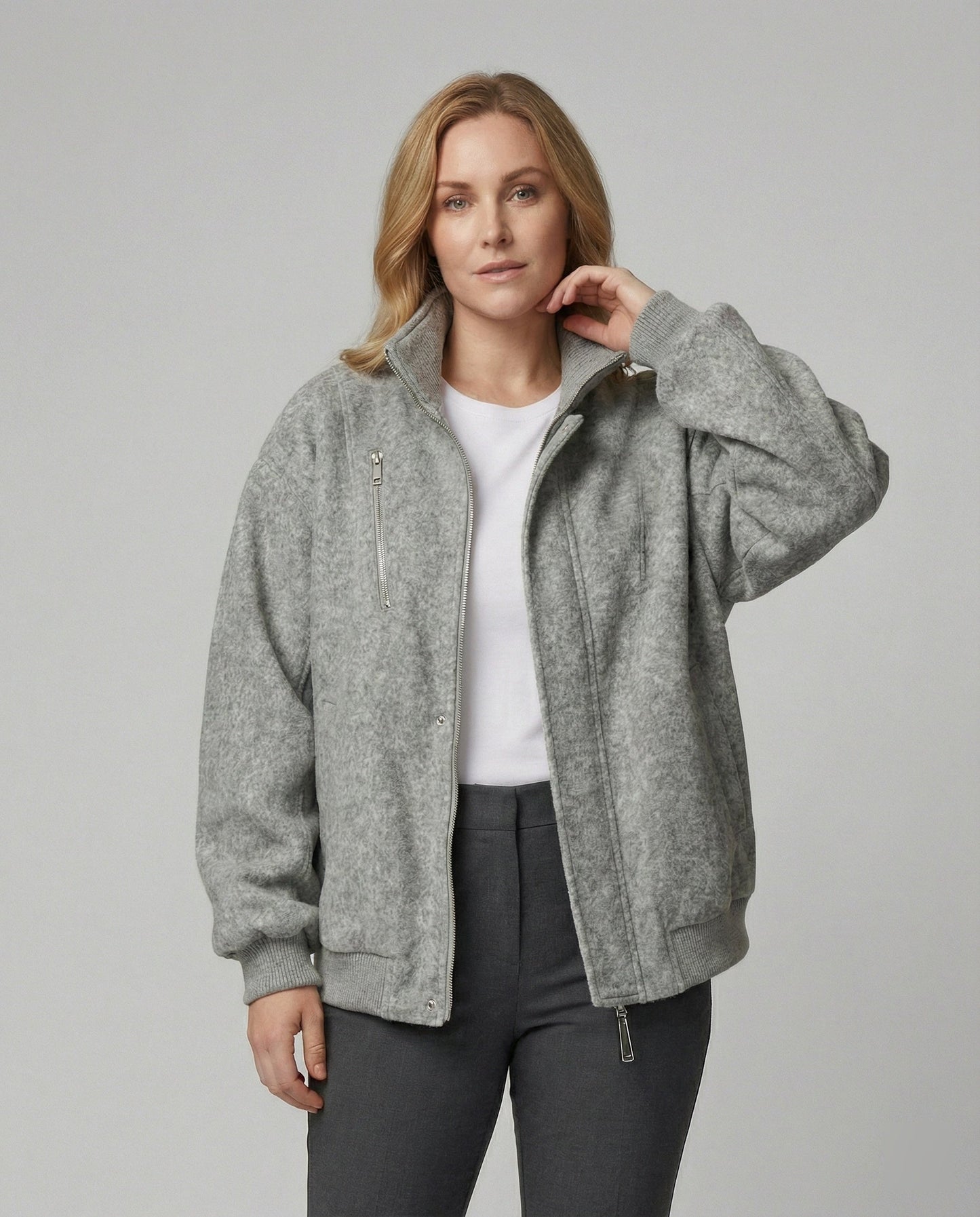 Damen Wollmix-Übergangsjacke Weit Stehkragen Reißverschlusstaschen - Norvielle