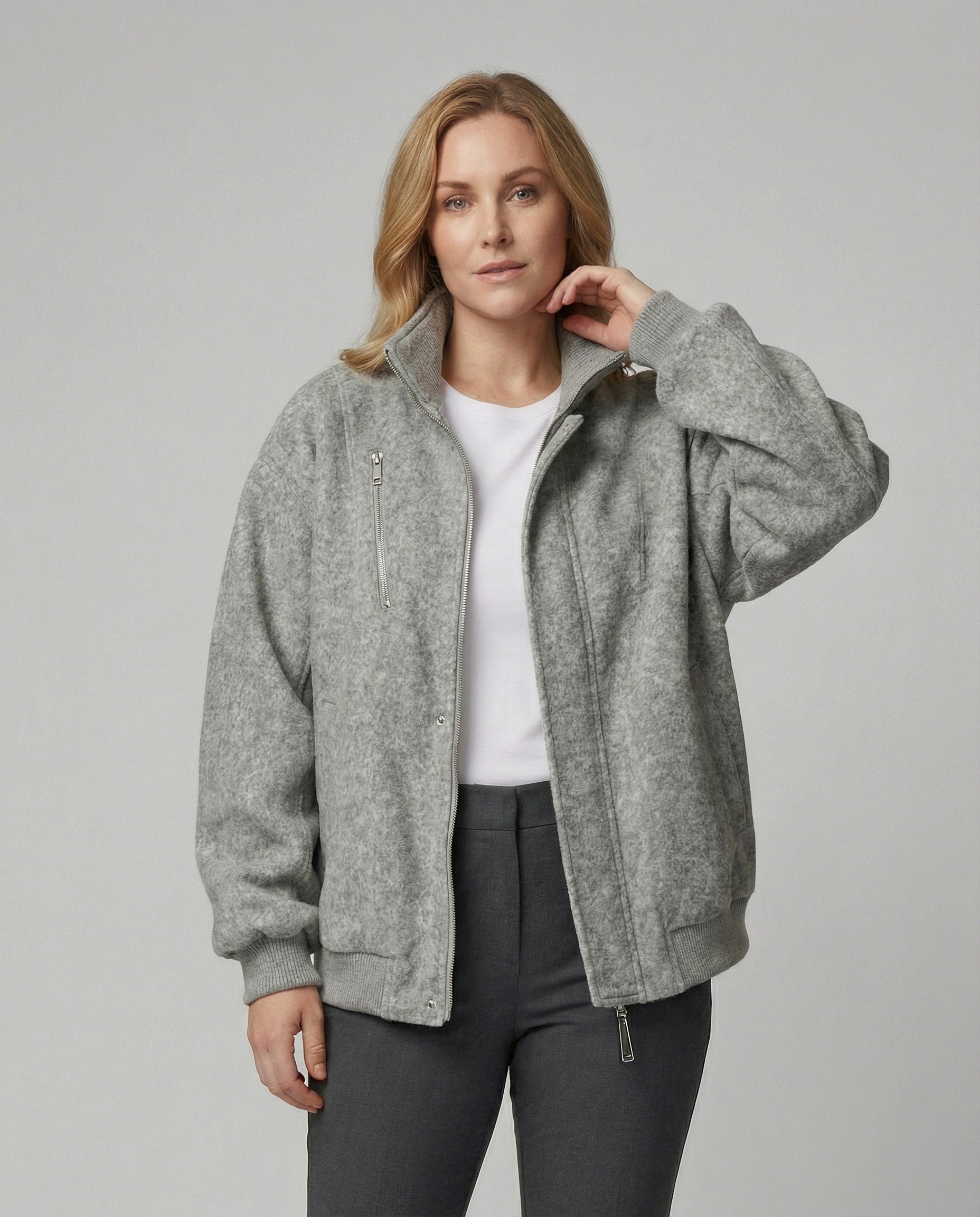Damen Wollmix-Übergangsjacke Weit Stehkragen Reißverschlusstaschen - Norvielle