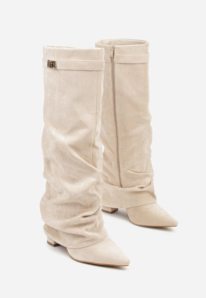 Damen Faltstiefel Niedriger Absatz Spitze Zehen