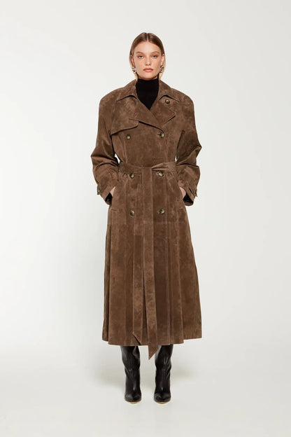 Damen Leder-Trenchcoat Lang Wildleder - Norvielle