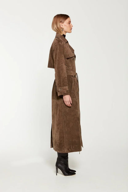 Damen Trenchcoat Wildleder Lang Beige - Norvielle