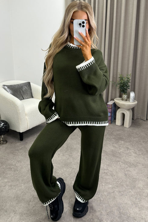 ComfyChic Lounge Set in Grun – warmer Strickzweiteiler mit weiter Hose