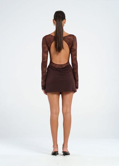 Damen Spitzenkleid Mini Offener Rücken Lange Ärmel