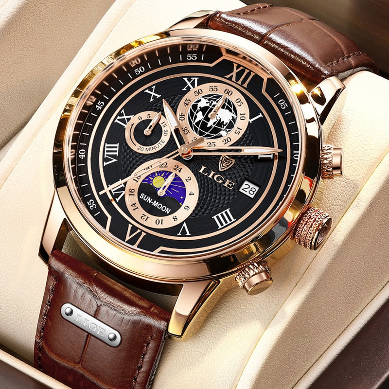 Herrenuhr Lederarmband Chronograph Automatik Edelstahl