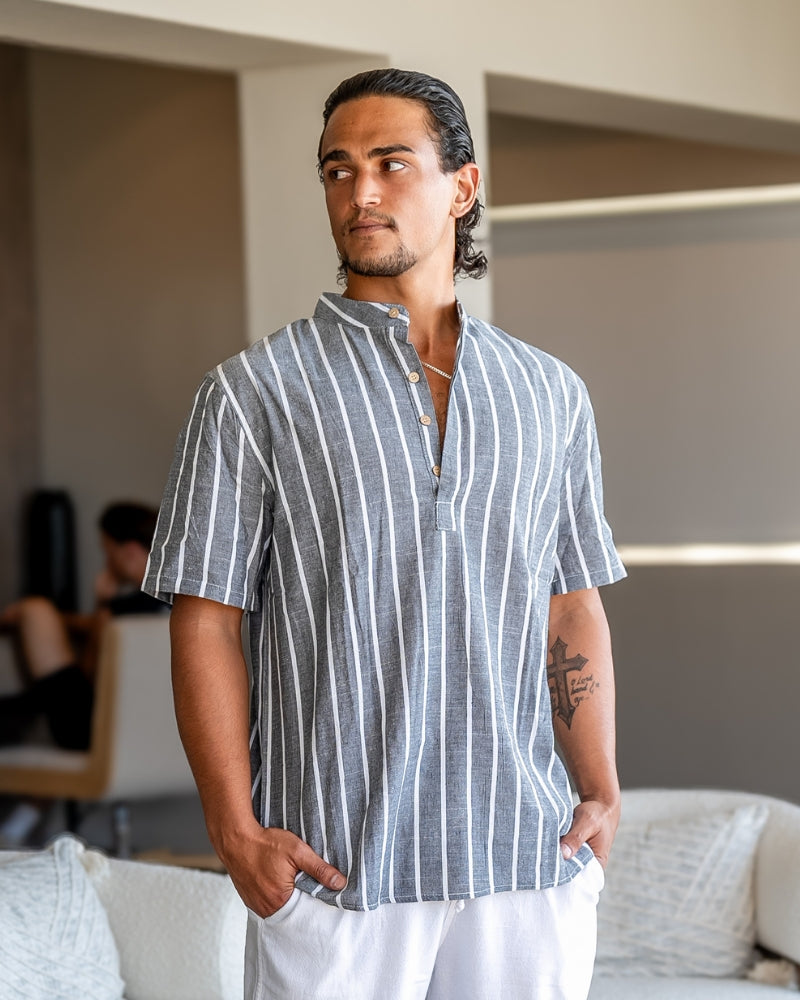 Herren Leinenhemd Stehkragen Gestreift Sommer Modern
