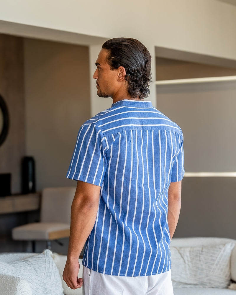 Herren Leinenhemd Stehkragen Gestreift Sommer Modern
