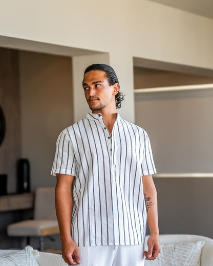 Herren Leinenhemd Stehkragen Gestreift Sommer Modern