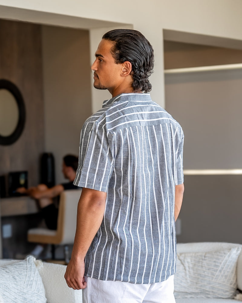 Herren Leinenhemd Stehkragen Gestreift Sommer Modern