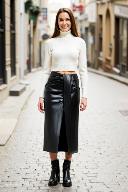 Damen Kunstlederrock Mittellang Elegant Wickelrock Schwarz - Norvielle