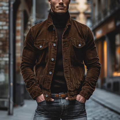 Herren Lederjacke Einreiher Vintage Stil Leder Schwarz - Norvielle