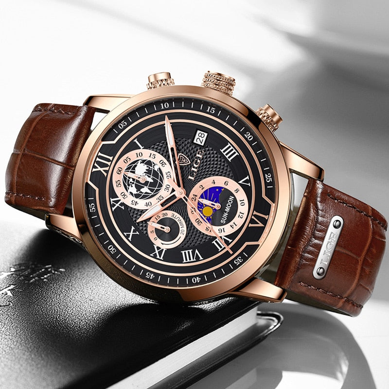 Herrenuhr Lederarmband Chronograph Automatik Edelstahl