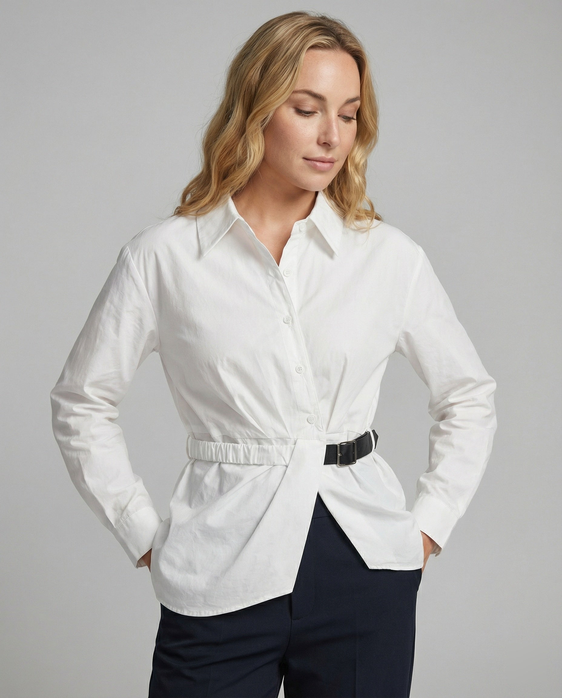 Damen Oversize Bluse Langarm Weiß Mit Gürtel - Norvielle