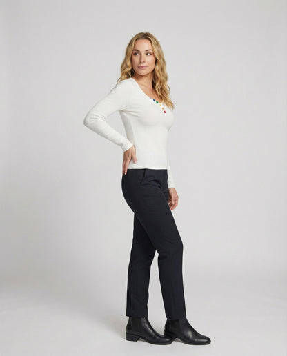 Damen Langarmshirt Slimfit V-Ausschnitt Weiß - Norvielle