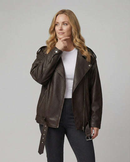 Damen Lederjacke Plus Size Bikerstyle Schwarz - Norvielle