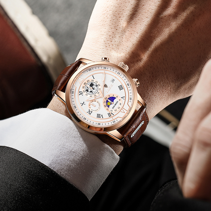 Herrenuhr Lederarmband Chronograph Automatik Edelstahl