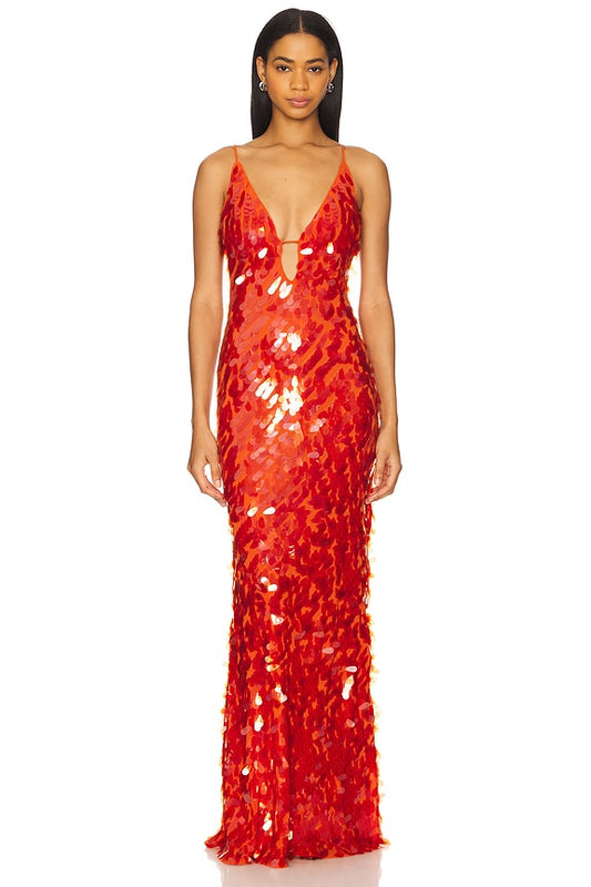 Rotes Abendkleid Damen Pailletten Offener Rücken Spaghettiträger - Norvielle