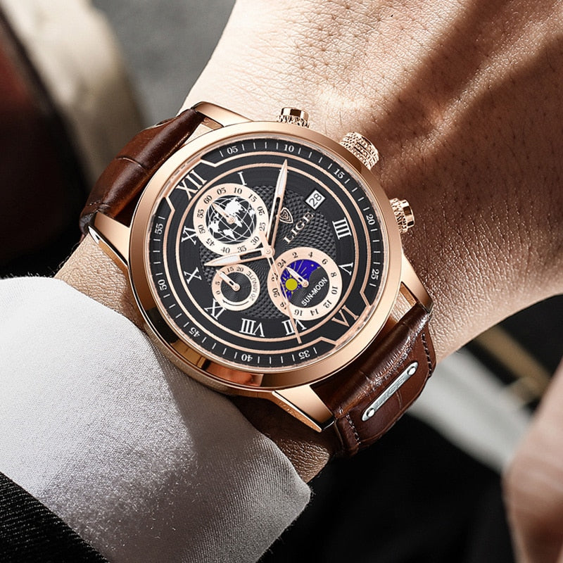 Herrenuhr Lederarmband Chronograph Automatik Edelstahl