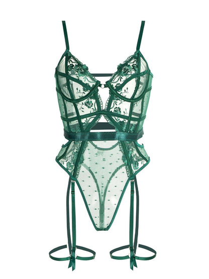 Elegant Damen Dessous Set Spitze Stickerei mit Strumpfhalter
