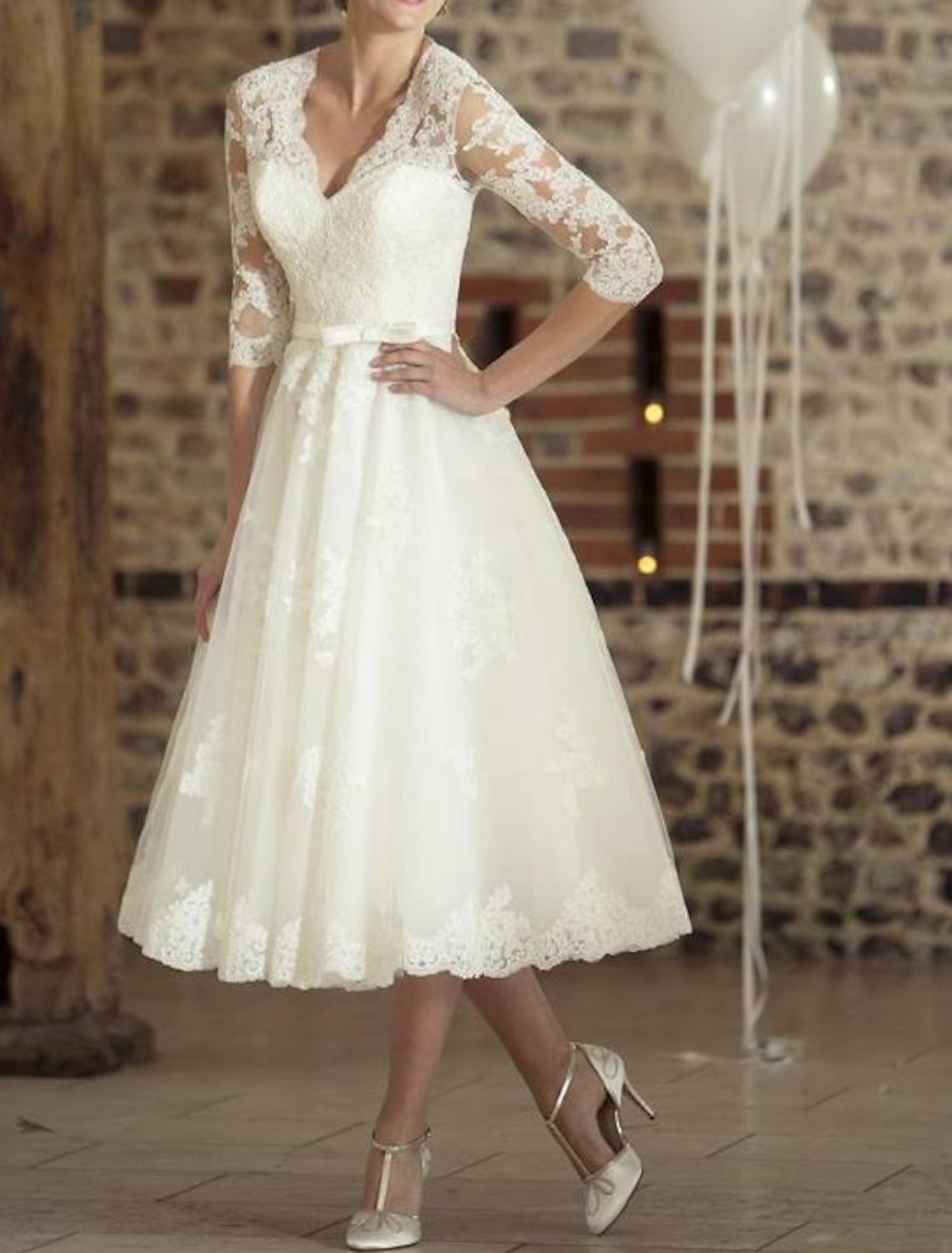 Damen Hochzeitskleid aus Spitze Romantisch Midi - Norvielle