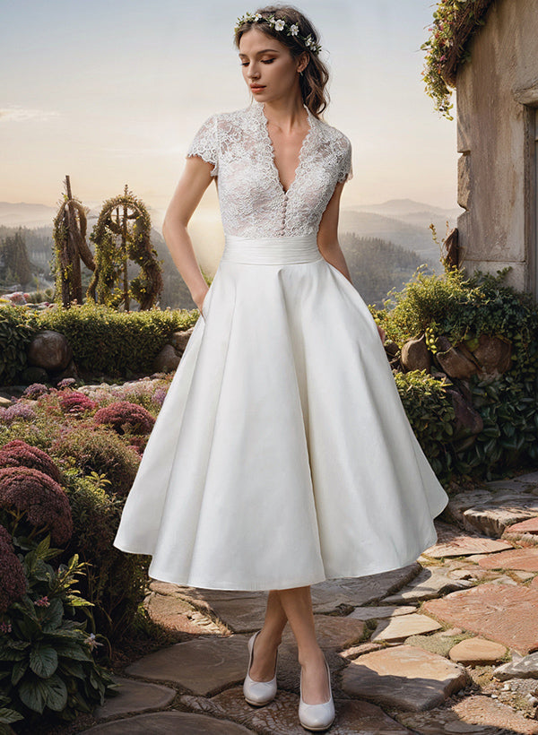 Damen Hochzeitskleid Spitze V-Ausschnitt Midi - Norvielle