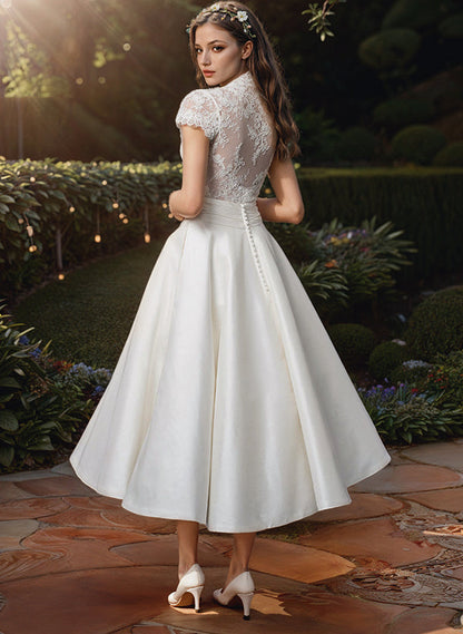 Damen Hochzeitskleid Spitze V-Ausschnitt Midi