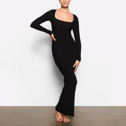 Schwarzes Damen Langarm Maxikleid Bodycon - Norvielle