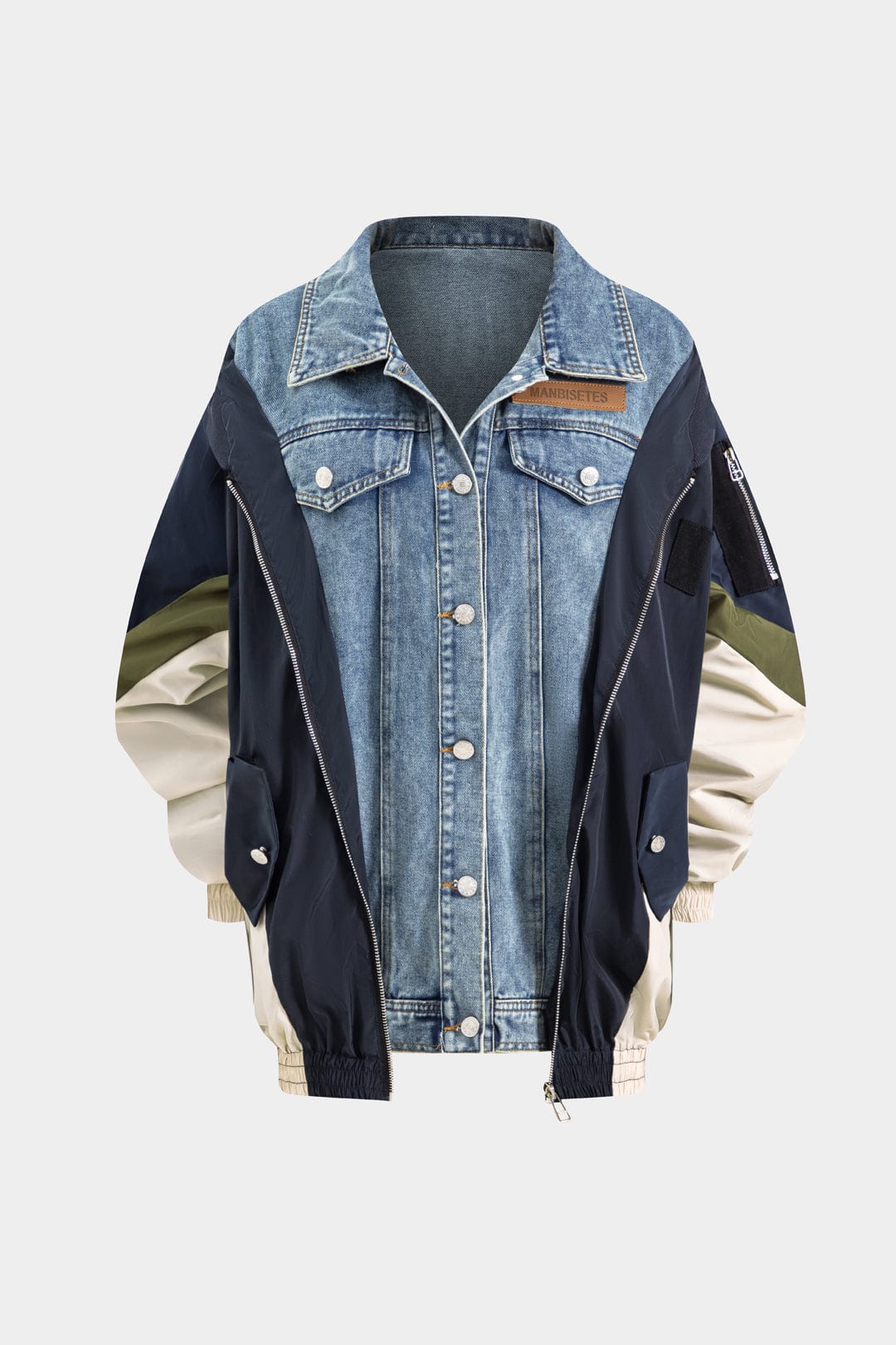 Unisex Lederjacke Patchwork Denim Nylon