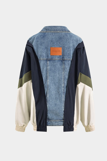 Unisex Lederjacke Patchwork Denim Nylon