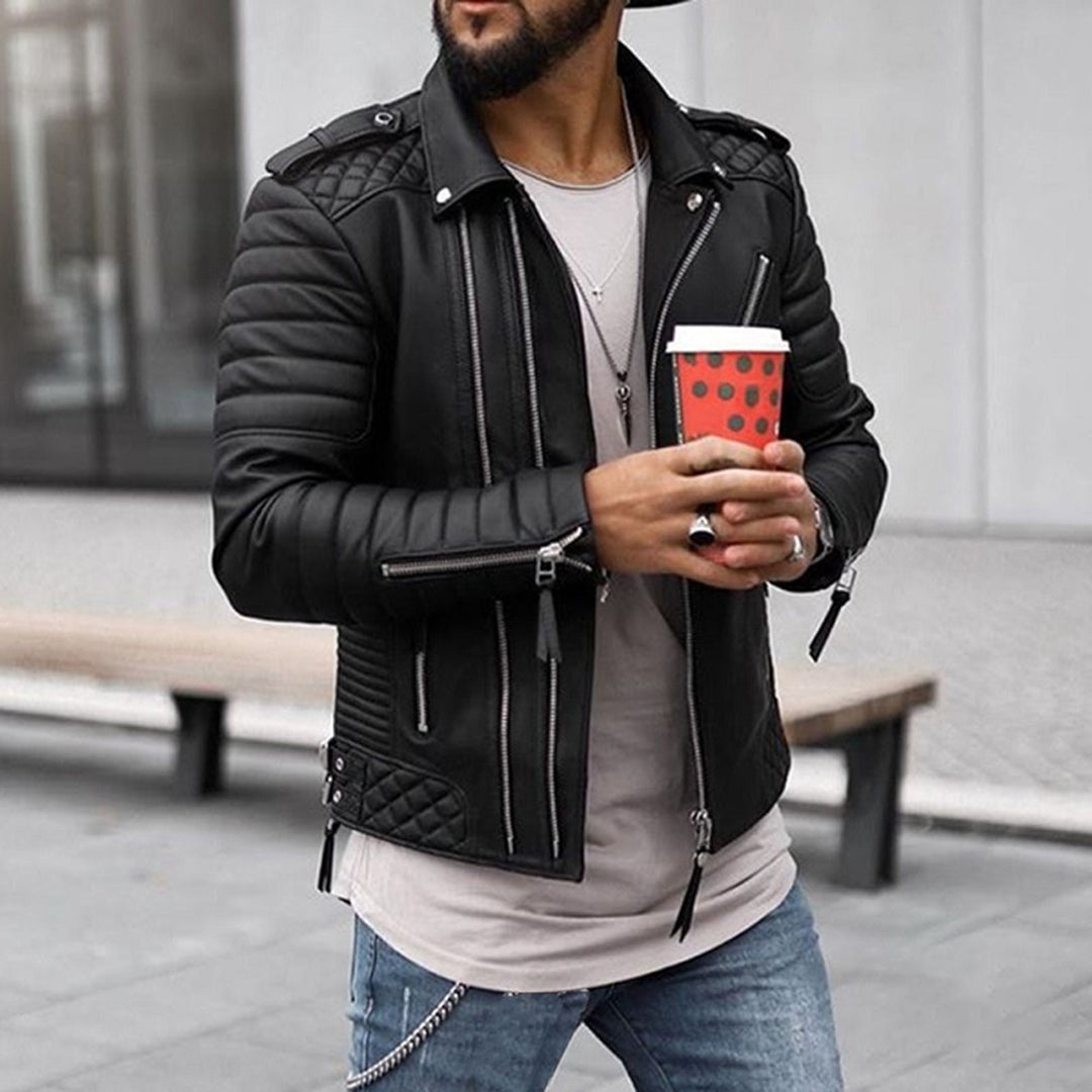 Herren Lederjacke Biker Style Gepolstert Schwarz - Norvielle