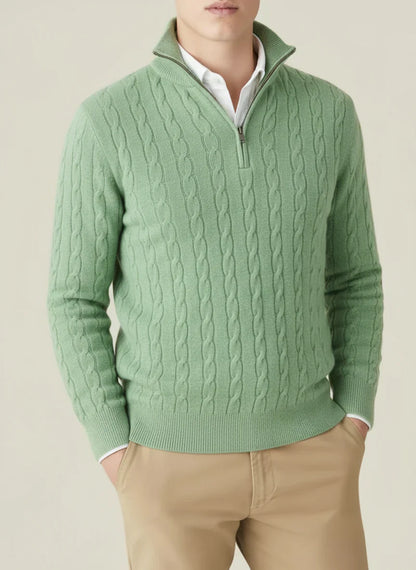 Herren Pullover Kabelmuster Halbzipp Stehkragen Ribbensaum