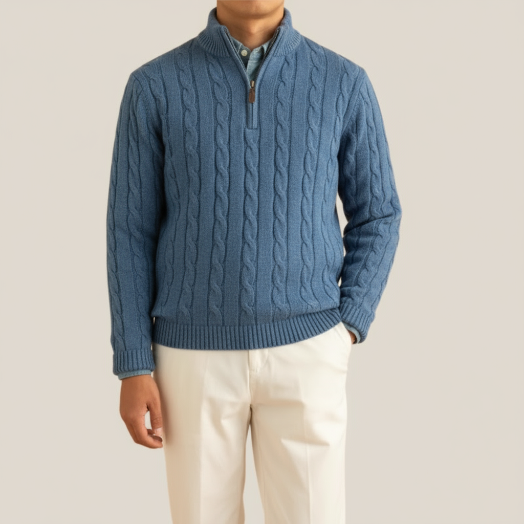 Herren Pullover Kabelmuster Halbzipp Stehkragen Ribbensaum