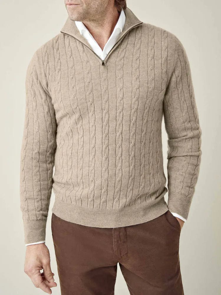Herren Pullover Kabelmuster Halbzipp Stehkragen Ribbensaum