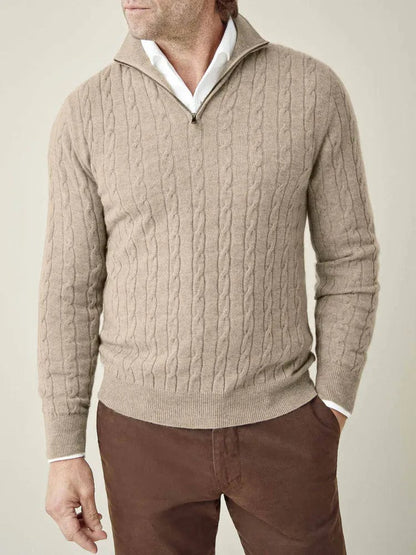 Herren Pullover Kabelmuster Halbzipp Stehkragen Ribbensaum