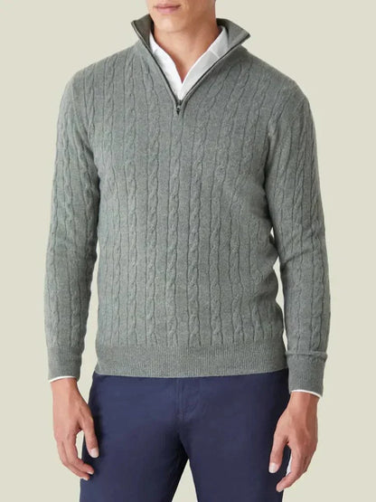 Herren Pullover Kabelmuster Halbzipp Stehkragen Ribbensaum