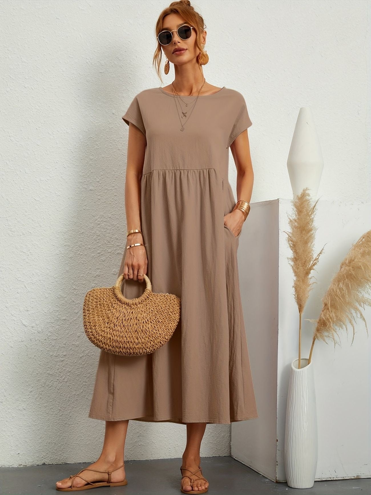 Damen Sommerkleid Rundhalsausschnitt Elegantes Kleid