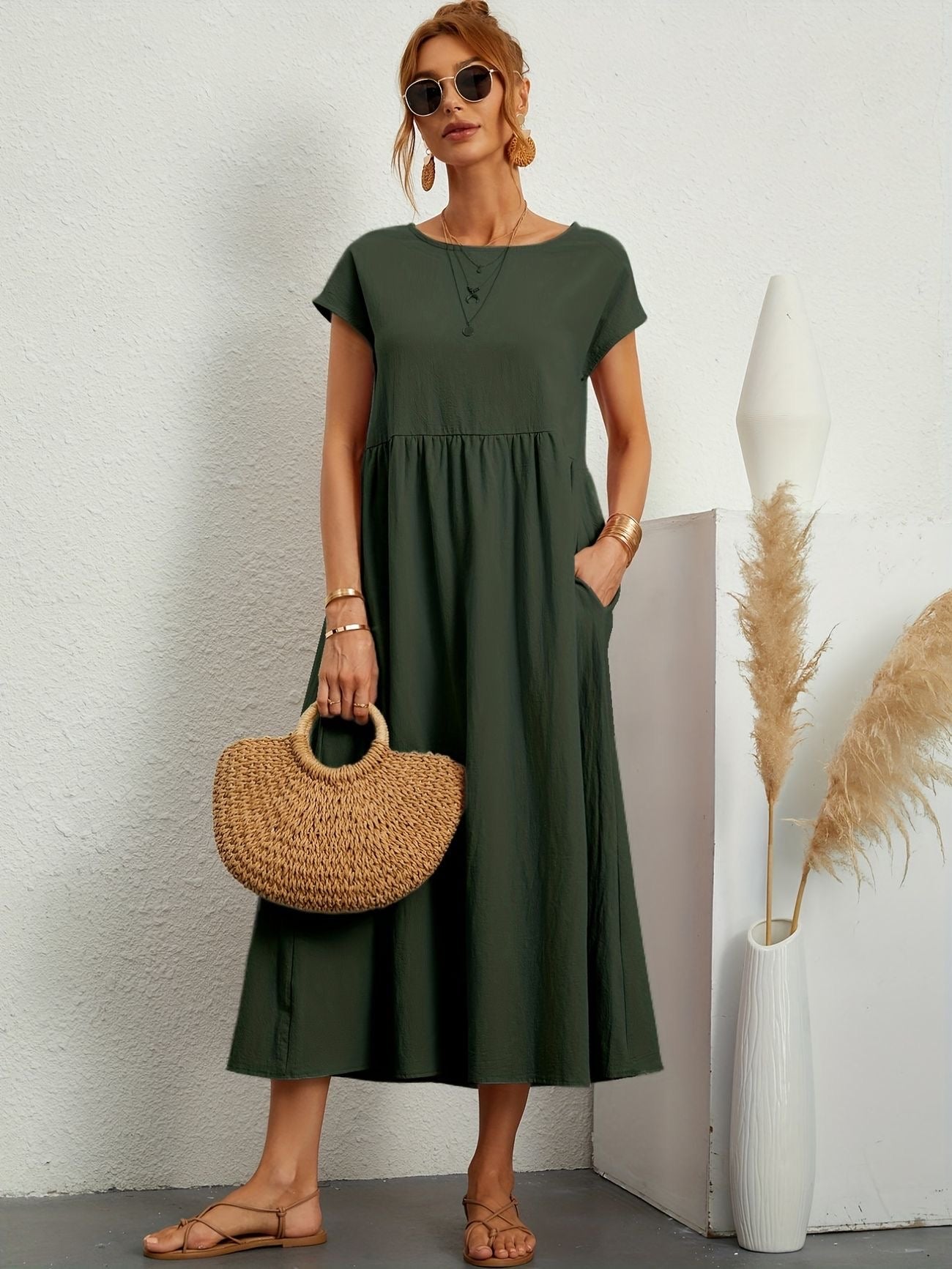 Damen Sommerkleid Rundhalsausschnitt Elegantes Kleid