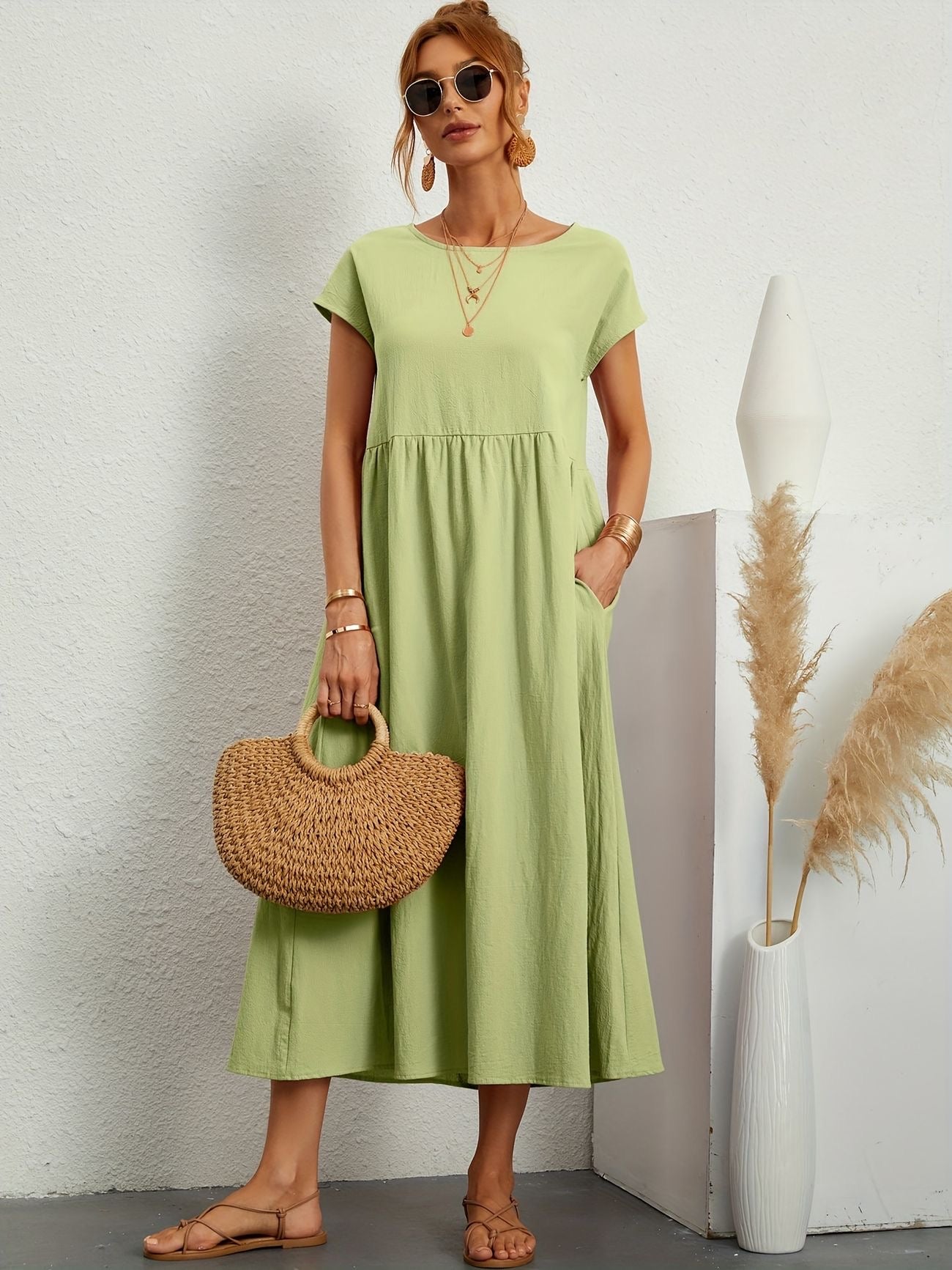 Damen Sommerkleid Rundhalsausschnitt Elegantes Kleid