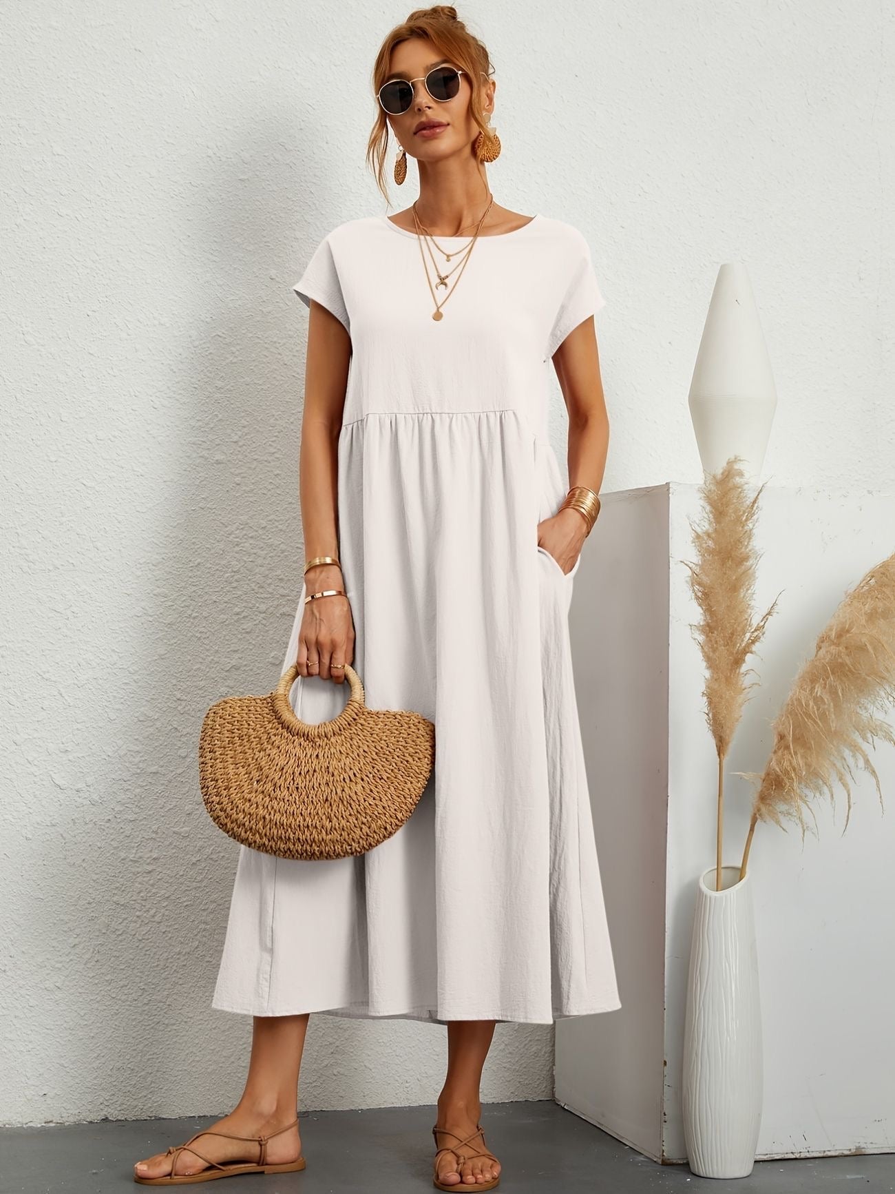 Damen Sommerkleid Rundhalsausschnitt Elegantes Kleid - Norvielle