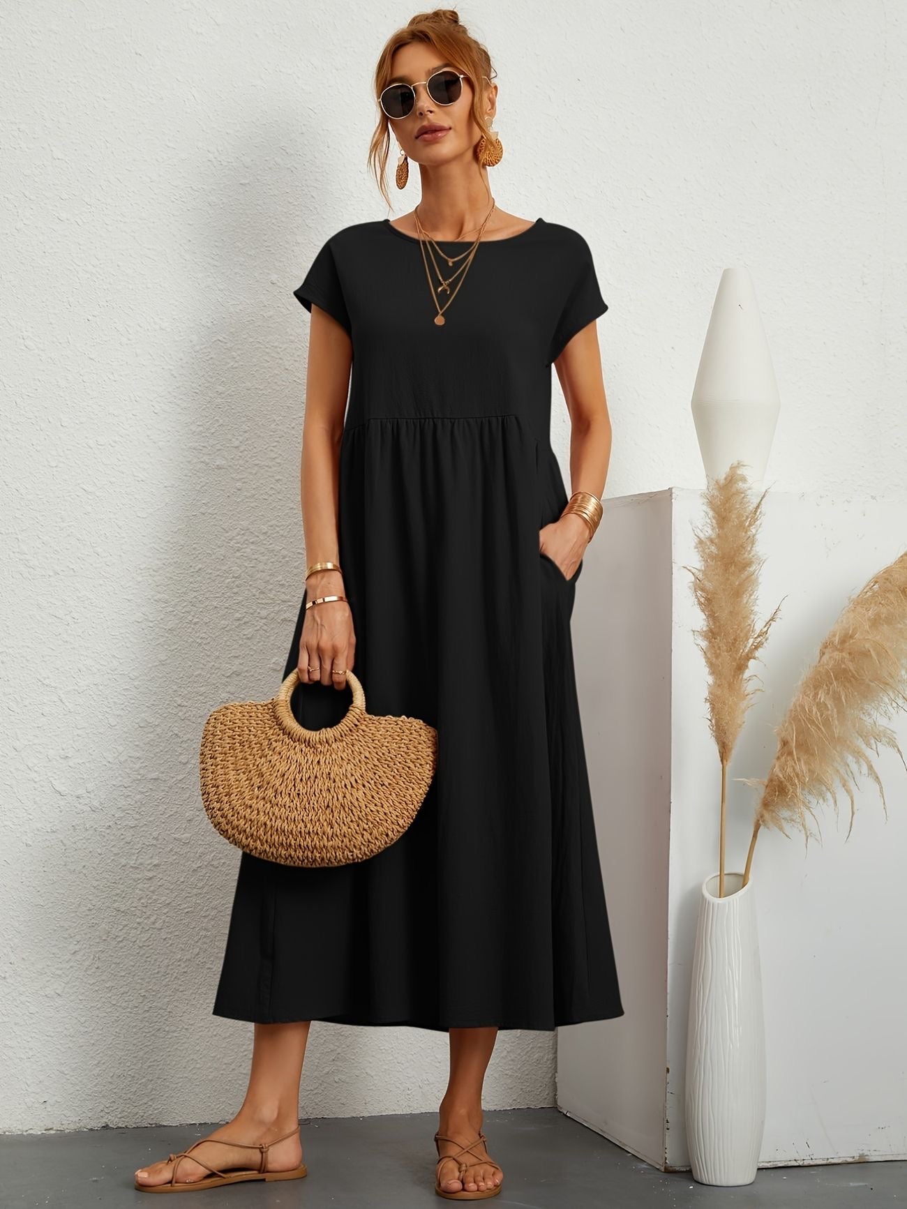 Damen Sommerkleid Rundhalsausschnitt Elegantes Kleid