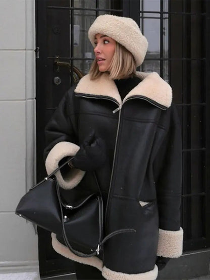 Damen Shearling-Jacke Schwarz Oversized Kunstleder - Norvielle