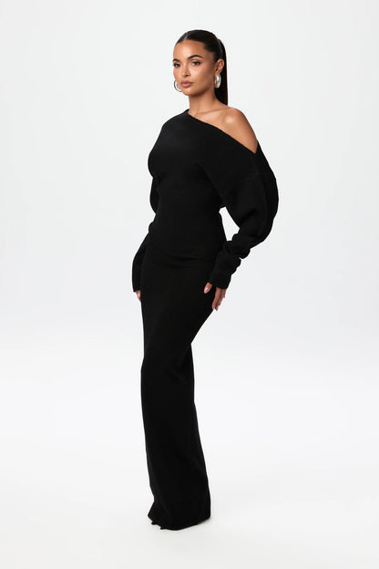 Damen Off-Shoulder Maxikleid Strick Figurbetonter Stil - Norvielle